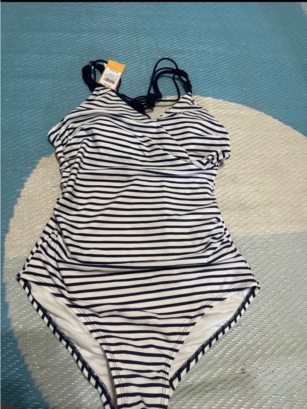 Striped Navy & White Girls' One-Piece Swimsuit size m